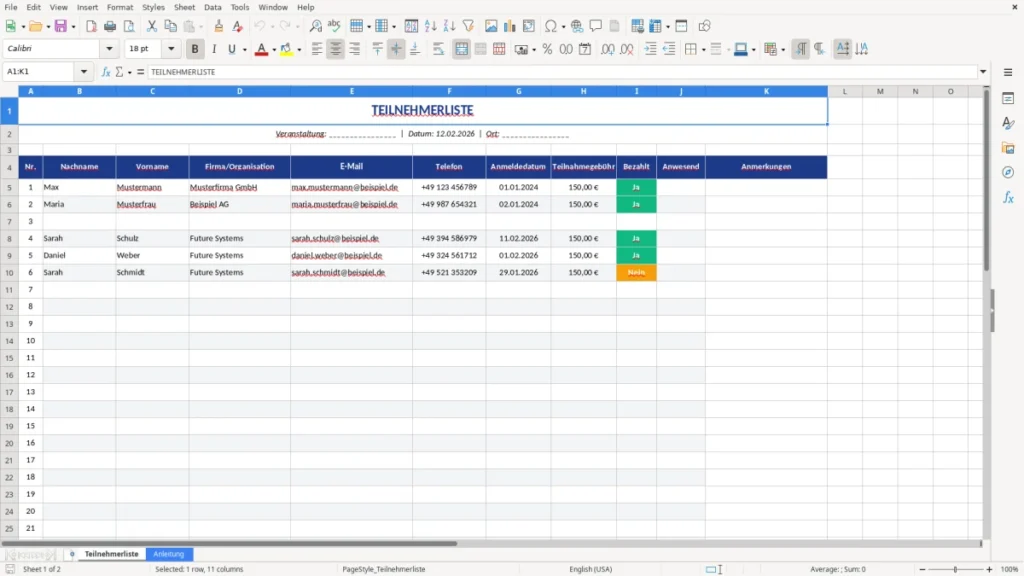Teilnehmerliste – Teilnehmerliste Vorlage Excel – sofort einsatzbereit
