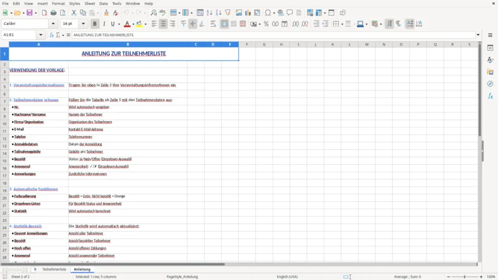 Anleitung – Teilnehmerliste Vorlage Excel – sofort einsatzbereit