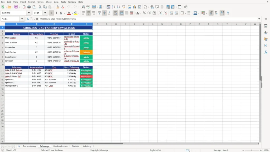 Fahrzeuge – Tourenplanung Excel Vorlage kostenlos | Wochenplanung