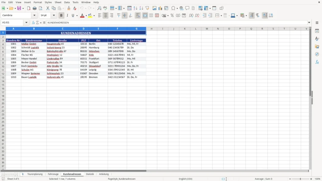 Kundenadressen – Tourenplanung Excel Vorlage kostenlos | Wochenplanung