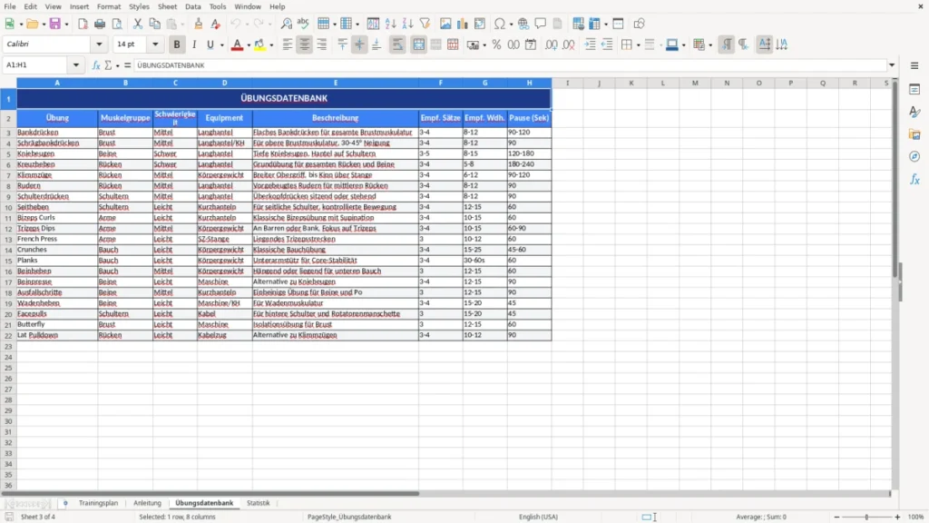 Übungsdatenbank – Trainingsplan Excel Vorlage – smart planen & auswerten