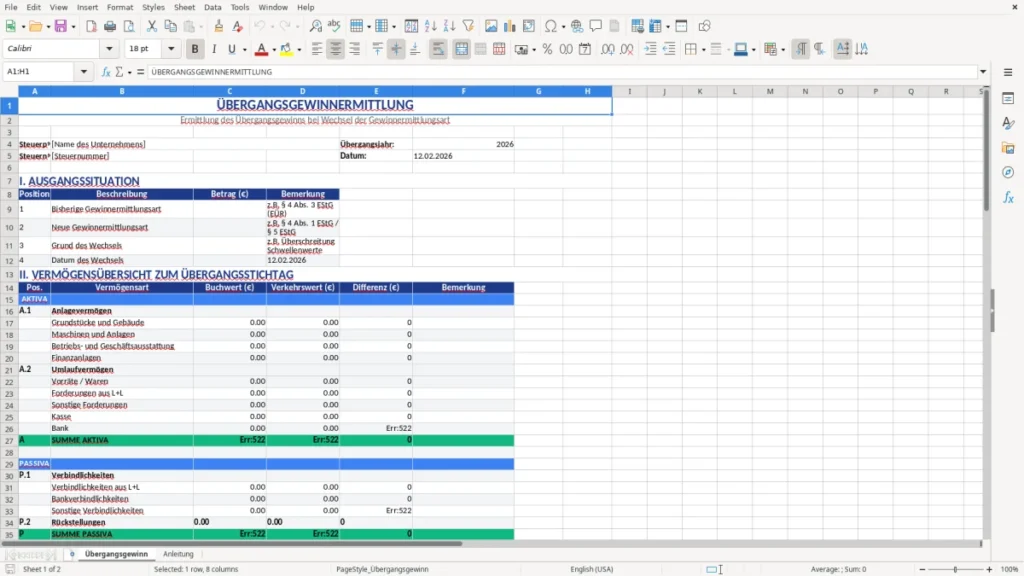 Übergangsgewinn – Excel-Vorlage: Übergangsgewinnermittlung