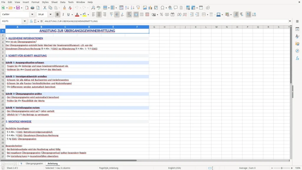 Anleitung – Excel-Vorlage: Übergangsgewinnermittlung