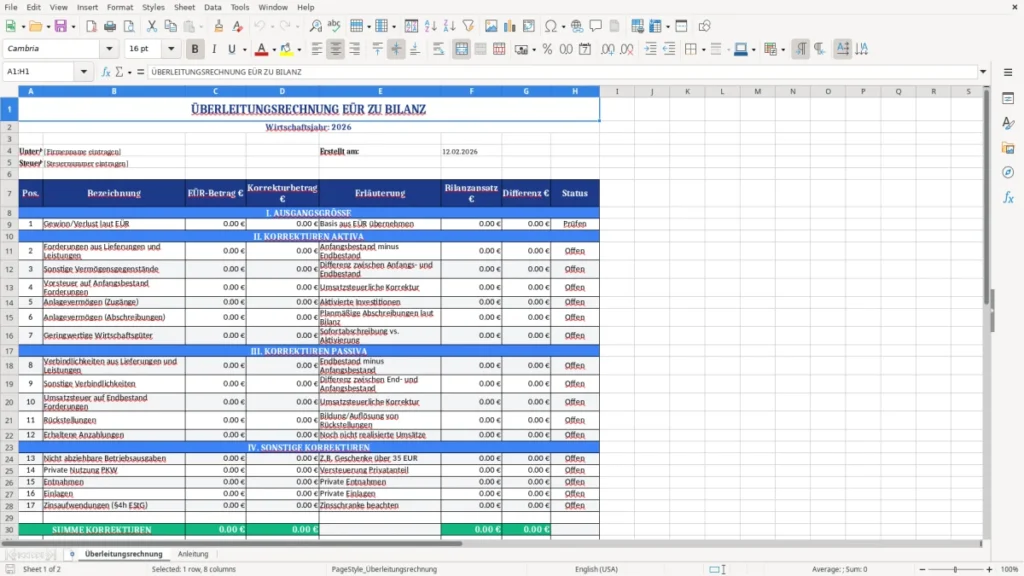 Überleitungsrechnung – Überleitungsrechnung EÜR zu Bilanz – Excel Vorlage