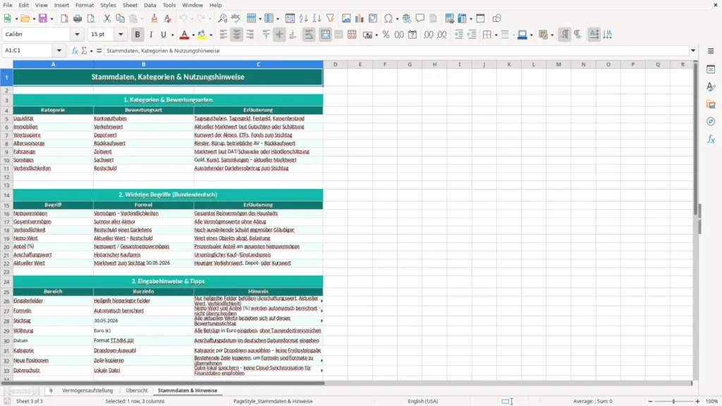 Stammdaten & Hinweise – Vermögensaufstellung Excel – Vorlage (2026)