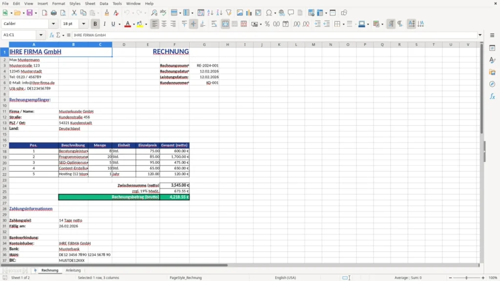 Rechnung – Excel-Vorlage: Rechnung für Kleinunternehmer
