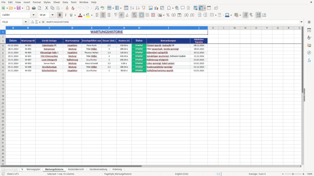 Wartungshistorie – Wartungsplan Vorlage Excel – kostenlos & praxisnah