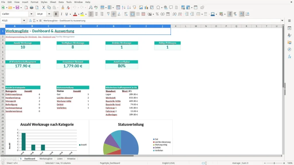 Dashboard – Werkzeugliste Excel Vorlage (2026)