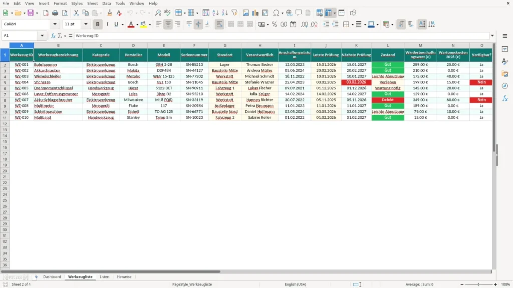Werkzeugliste – Werkzeugliste Excel Vorlage (2026)