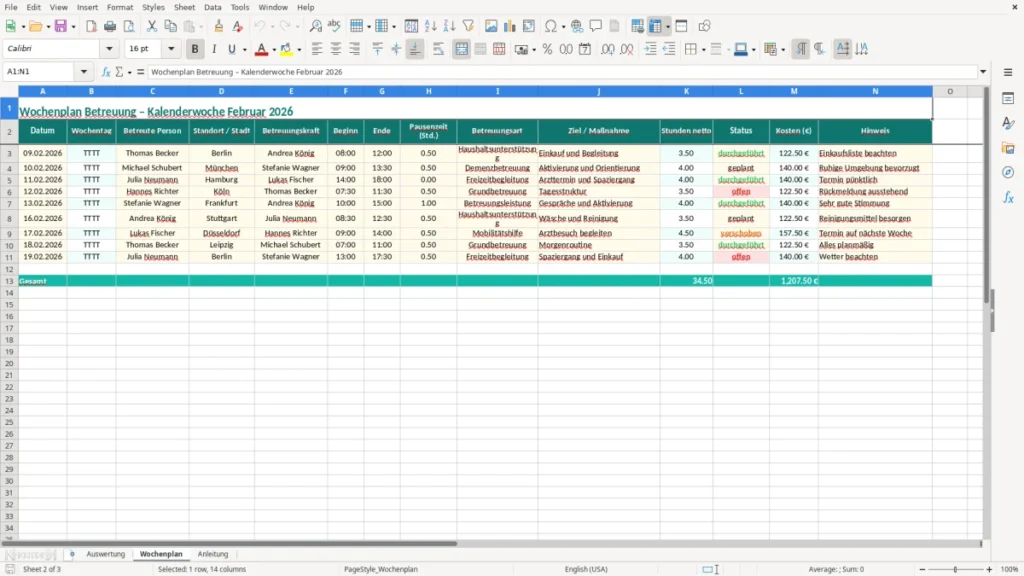 Wochenplan – Wochenplan Betreuung Excel – Vorlage (2026)
