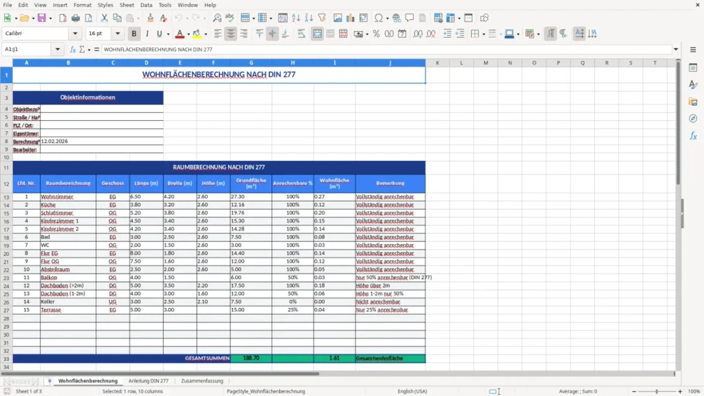 Wohnflächenberechnung – Wohnflächenberechnung DIN 277 – Vorlage Excel
