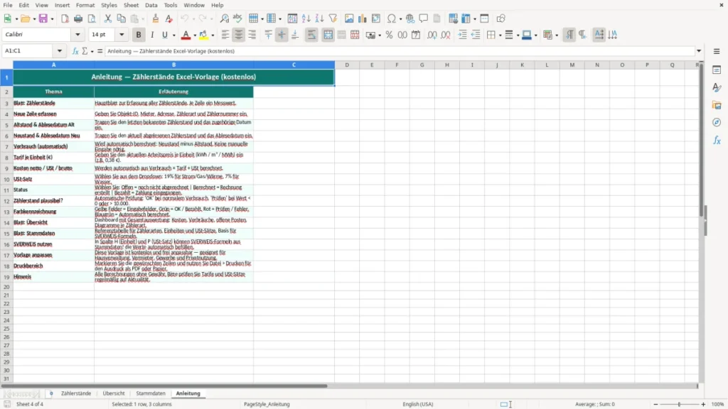 Anleitung – Zählerstände Excel-Vorlage Kostenlos (2026)