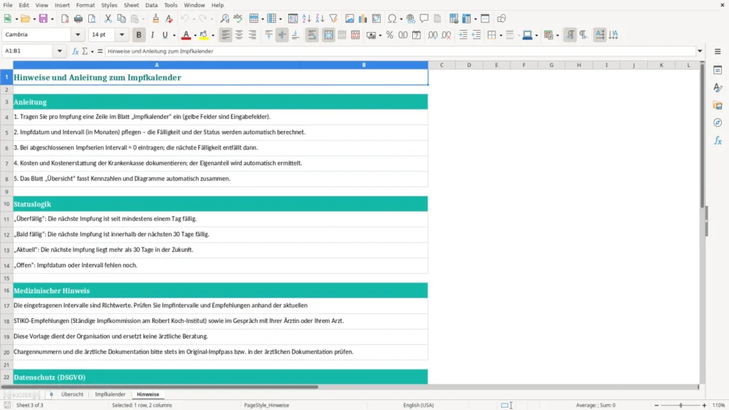 Hinweise – Excel Vorlage für kostenlose Impfkalender – Kostenlos (2026)