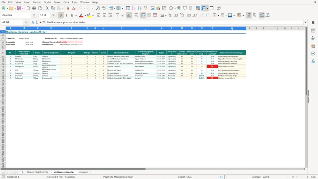Medikamentenplan – Excel Vorlage für Kostenlose Medikation – Kostenlos (2026)