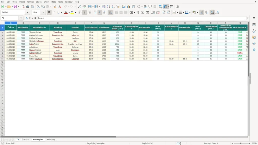 Pausenplan – Pausenplan Excel Vorlage kostenlos