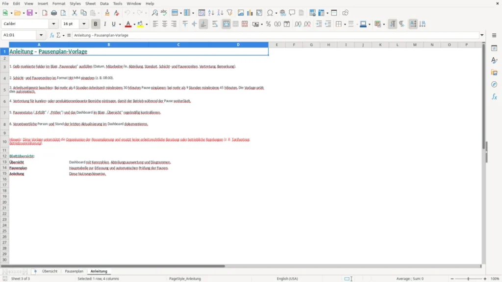 Anleitung – Pausenplan Excel Vorlage kostenlos