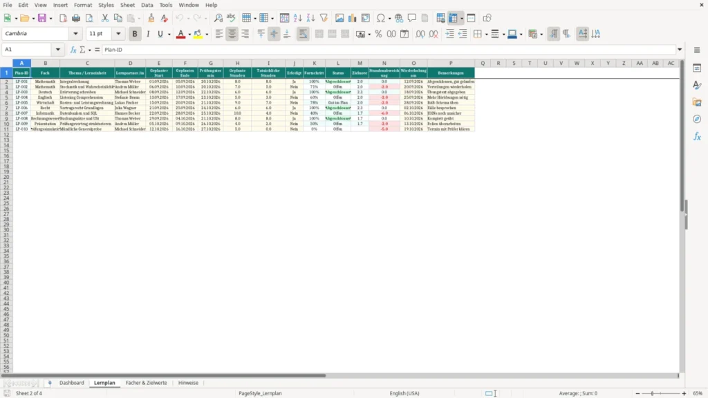 Lernplan – Excel Vorlage für kostenlosen Lernplan – Kostenlos (2026)