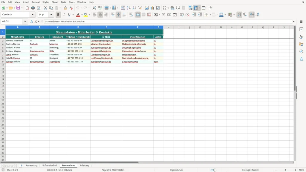 Stammdaten – Rufbereitschaft Kalender Excel Vorlage