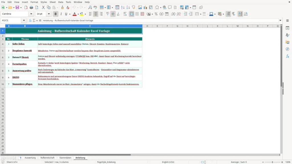 Anleitung – Rufbereitschaft Kalender Excel Vorlage
