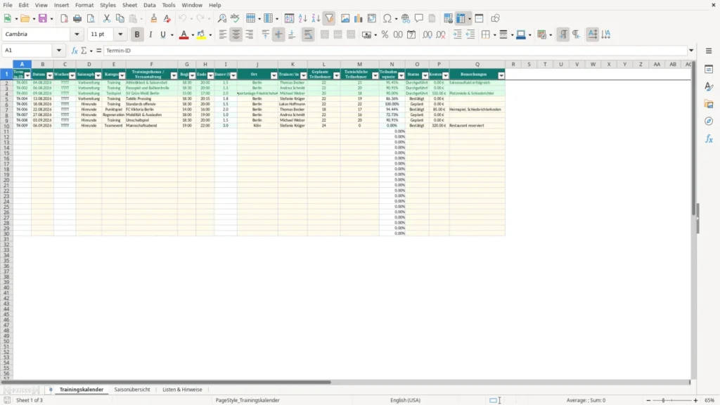 Trainingskalender – Excel Vorlage für kostenlose Termine – Kostenlos (2026)