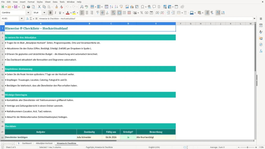 Hinweise & Checkliste – Excel Vorlage für kostenlose Hochzeit – Kostenlos (2026)