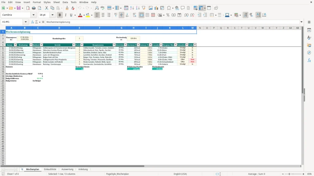 Wochenplan – Excel Vorlage für Kostenlose Wochenmenüs – Kostenlos (2026)