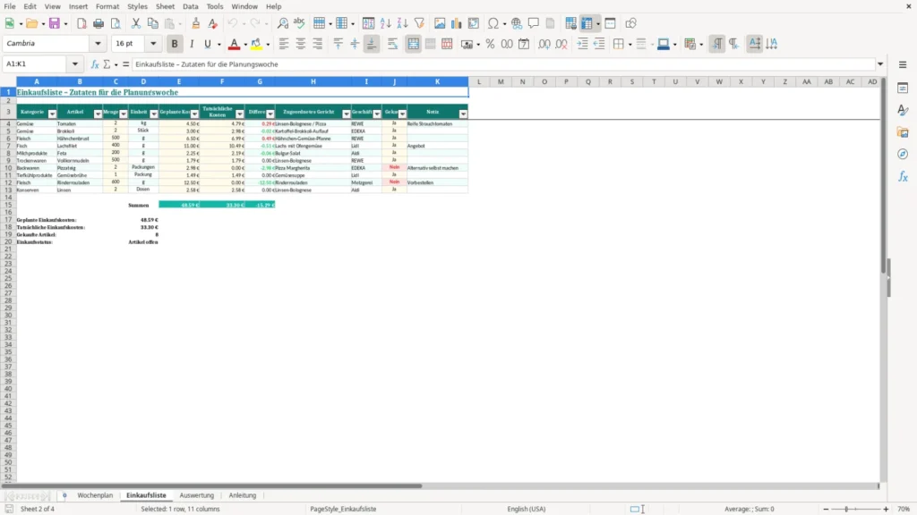 Einkaufsliste – Excel Vorlage für Kostenlose Wochenmenüs – Kostenlos (2026)