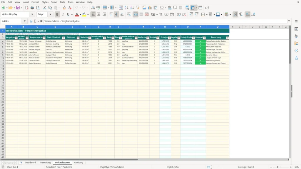 Verkaufsdaten – Excel Vorlage für Immobilienbewertung – Kostenlos (2026)