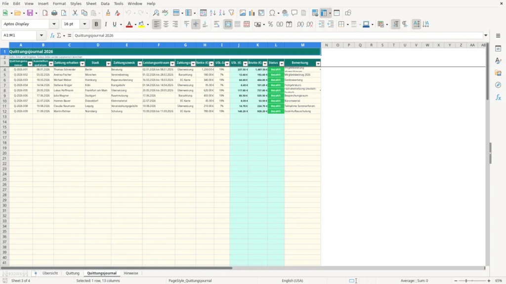 Quittungsjournal – Excel Vorlage für Quittung – Kostenlos (2026)