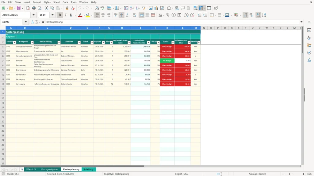 Kostenplanung – Excel Vorlage für Umzug – Kostenlos (2026)